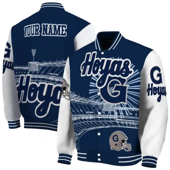 customized georgetown hoyas ferris arena blue white varsity jacket fashion forward.webp