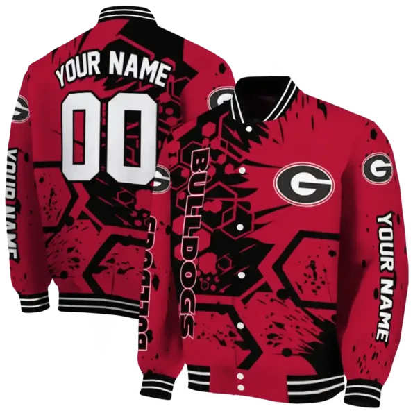 customized georgia bulldogs hexagon cluster red black varsity jacket fashion forward.webp