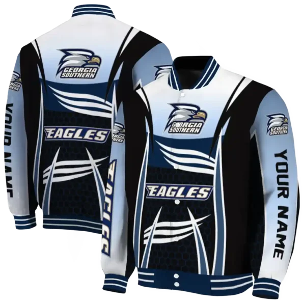 customized georgia southern eagles mesh effect blue black varsity jacket fashion forward.webp