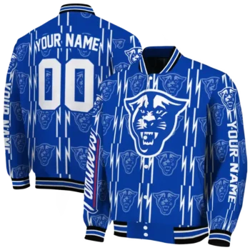 customized georgia state panthers bolt stripe blue varsity jacket fashion forward.webp