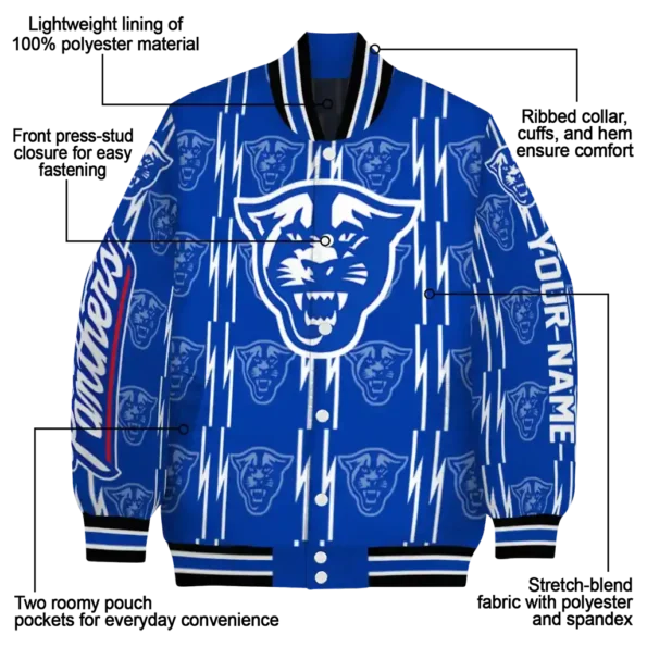 customized georgia state panthers bolt stripe blue varsity jacket new arrival.webp