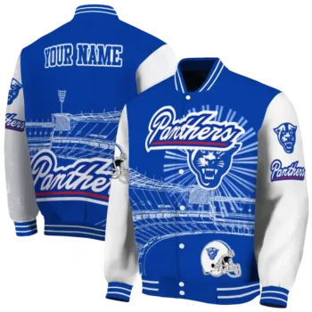 customized georgia state panthers ferris arena blue white varsity jacket fashion forward.webp