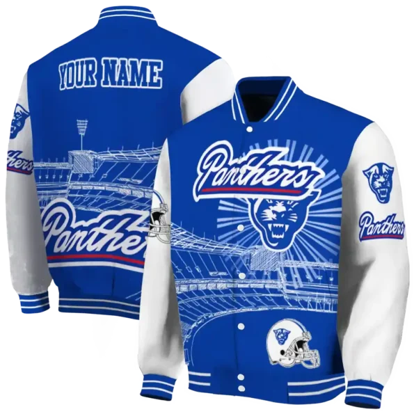 customized georgia state panthers ferris arena blue white varsity jacket fashion forward.webp