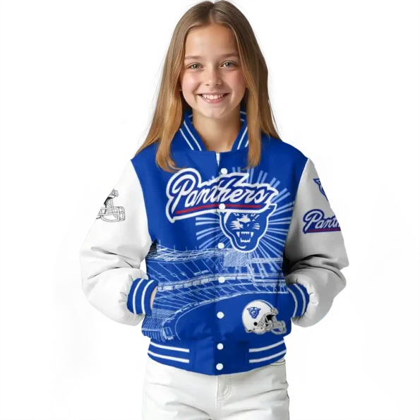 customized georgia state panthers ferris arena blue white varsity jacket top rated.webp