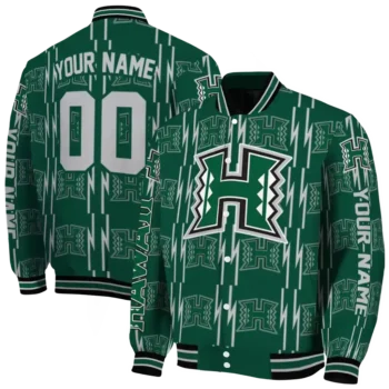 customized hawaii rainbow warriors bolt stripe green varsity jacket fashion forward.webp