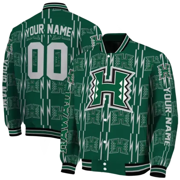 customized hawaii rainbow warriors bolt stripe green varsity jacket fashion forward.webp