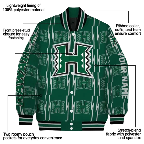 customized hawaii rainbow warriors bolt stripe green varsity jacket new arrival.webp