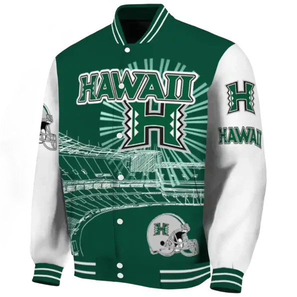 customized hawaii rainbow warriors ferris arena green white varsity jacket best selling.webp