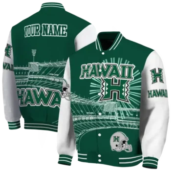 customized hawaii rainbow warriors ferris arena green white varsity jacket fashion forward.webp
