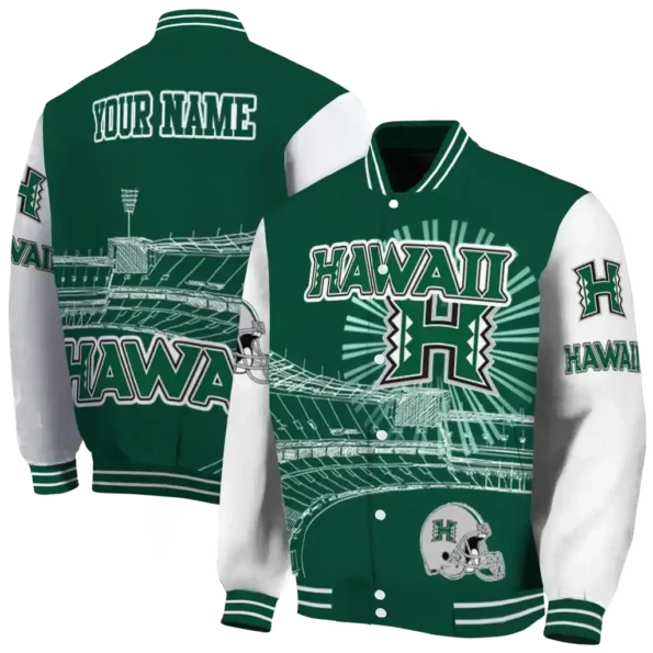 customized hawaii rainbow warriors ferris arena green white varsity jacket fashion forward.webp