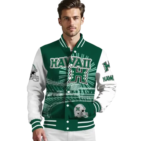 customized hawaii rainbow warriors ferris arena green white varsity jacket high quality.webp
