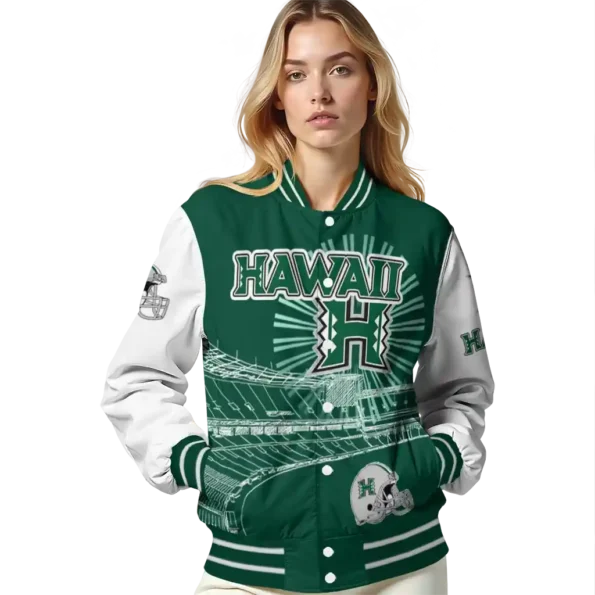 customized hawaii rainbow warriors ferris arena green white varsity jacket latest model.webp