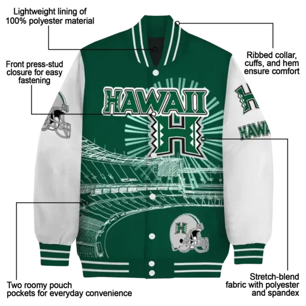 customized hawaii rainbow warriors ferris arena green white varsity jacket new arrival.webp