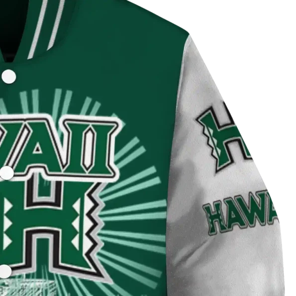customized hawaii rainbow warriors ferris arena green white varsity jacket premium grade.webp