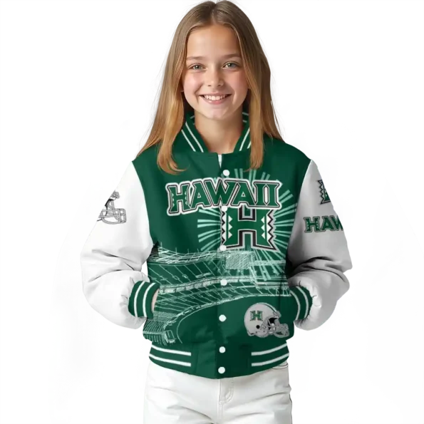customized hawaii rainbow warriors ferris arena green white varsity jacket top rated.webp