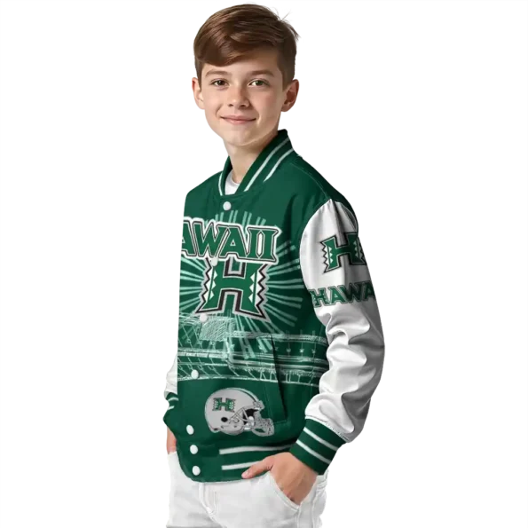 customized hawaii rainbow warriors ferris arena green white varsity jacket trendy.webp