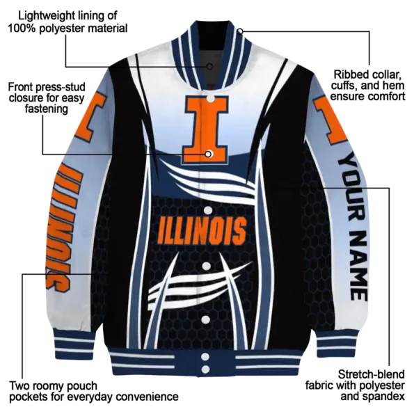 customized illinois fighting illini mesh effect blue black varsity jacket new arrival.webp