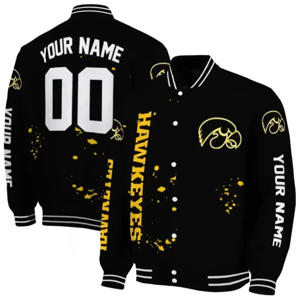 customized iowa hawkeyes hexagon cluster black varsity jacket fashion forward.webp