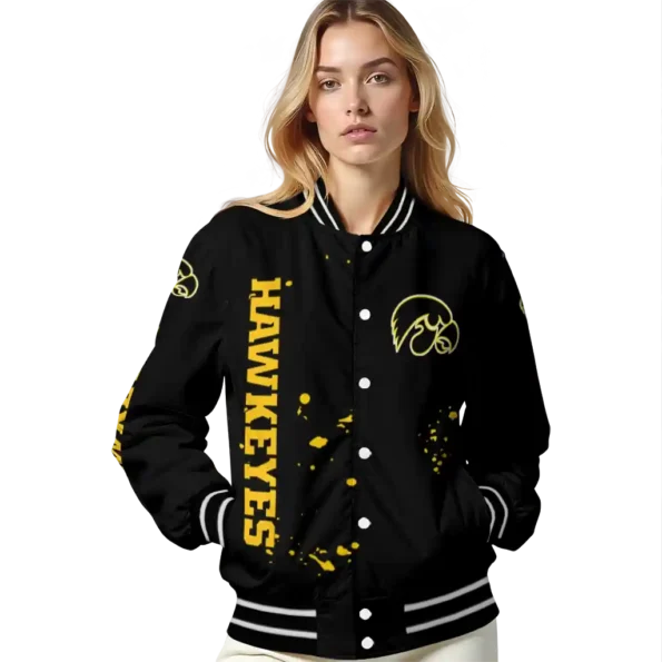 customized iowa hawkeyes hexagon cluster black varsity jacket latest model.webp