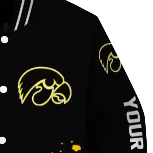customized iowa hawkeyes hexagon cluster black varsity jacket premium grade.webp