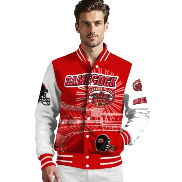 customized jacksonville state gamecocks ferris arena red white varsity jacket high quality.webp