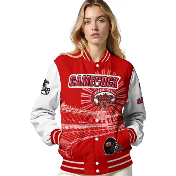 customized jacksonville state gamecocks ferris arena red white varsity jacket latest model.webp