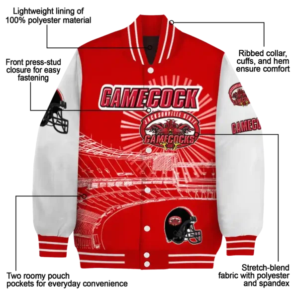 customized jacksonville state gamecocks ferris arena red white varsity jacket new arrival.webp