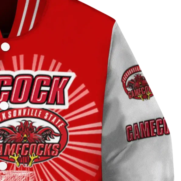 customized jacksonville state gamecocks ferris arena red white varsity jacket premium grade.webp