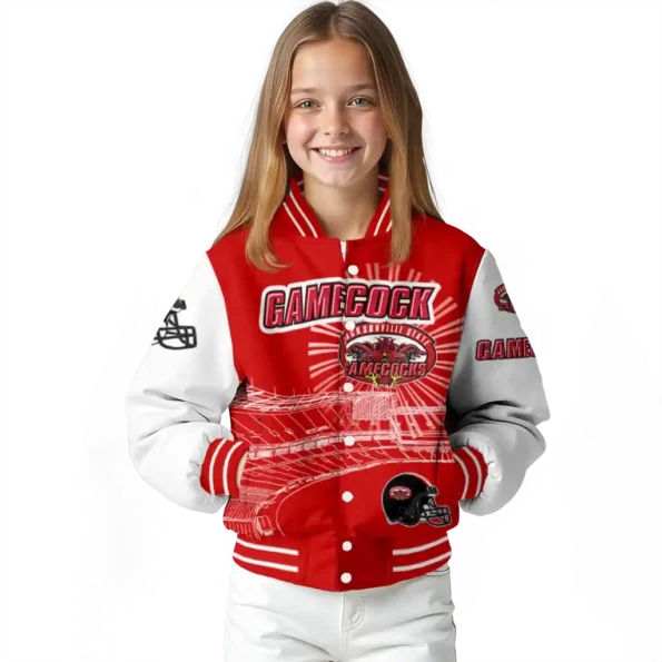 customized jacksonville state gamecocks ferris arena red white varsity jacket top rated.webp