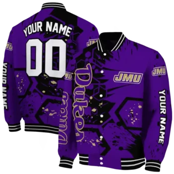 customized james madison dukes hexagon cluster purple black varsity jacket fashion forward.webp