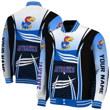customized kansas jayhawks mesh effect blue black varsity jacket fashion forward.webp