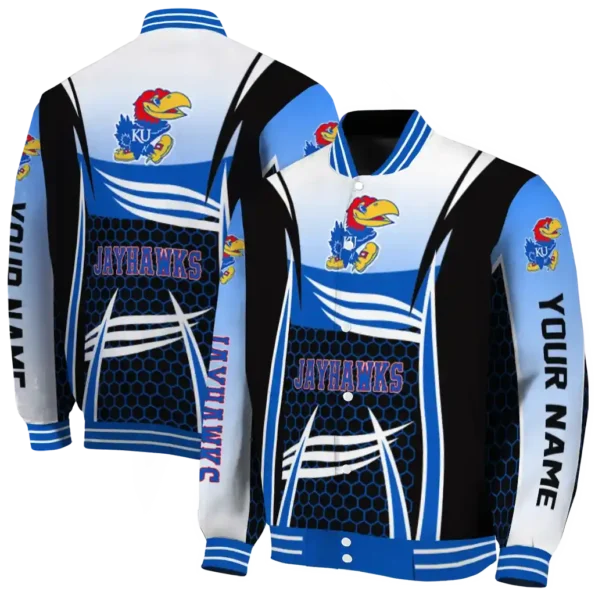 customized kansas jayhawks mesh effect blue black varsity jacket fashion forward.webp