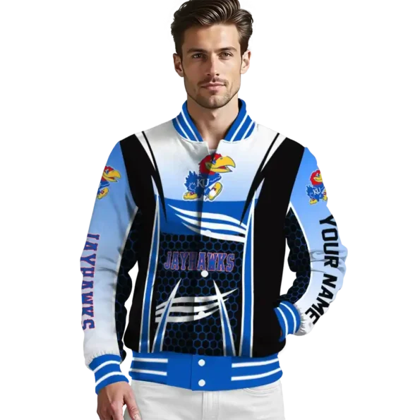 customized kansas jayhawks mesh effect blue black varsity jacket high quality.webp