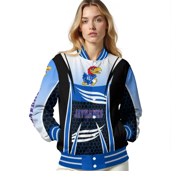 customized kansas jayhawks mesh effect blue black varsity jacket latest model.webp