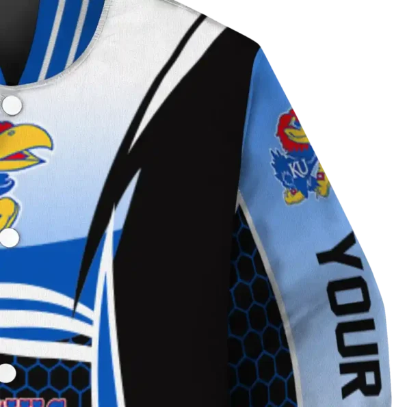 customized kansas jayhawks mesh effect blue black varsity jacket premium grade.webp