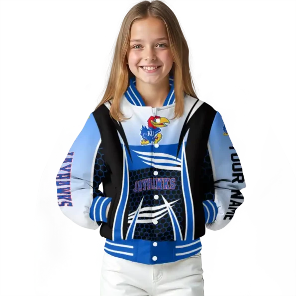 customized kansas jayhawks mesh effect blue black varsity jacket top rated.webp