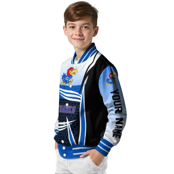 customized kansas jayhawks mesh effect blue black varsity jacket trendy.webp