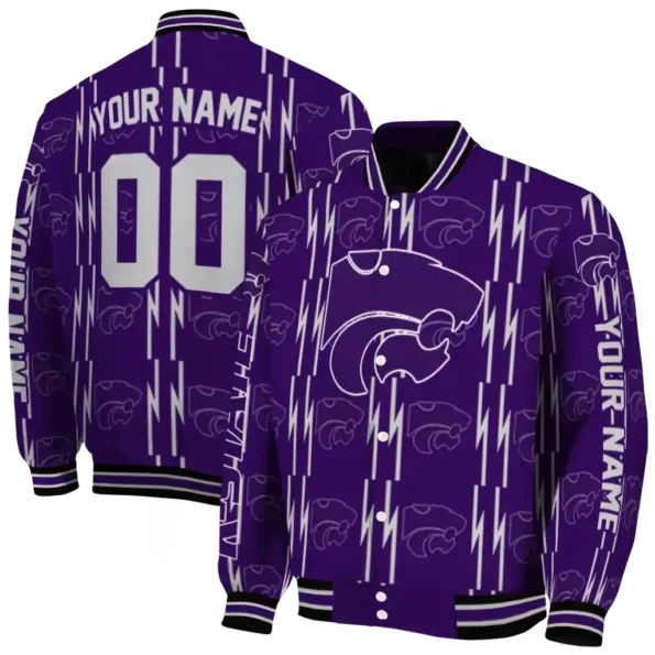 customized kansas state wildcats bolt stripe purple varsity jacket fashion forward.webp