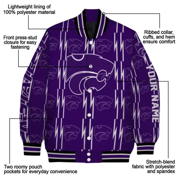 customized kansas state wildcats bolt stripe purple varsity jacket new arrival.webp