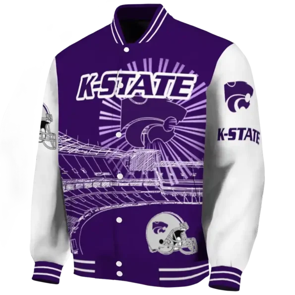 customized kansas state wildcats ferris arena purple white varsity jacket best selling.webp