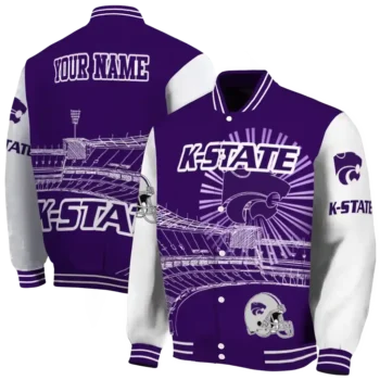 customized kansas state wildcats ferris arena purple white varsity jacket fashion forward.webp
