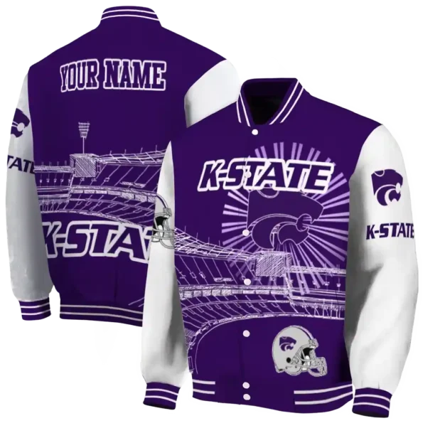 customized kansas state wildcats ferris arena purple white varsity jacket fashion forward.webp