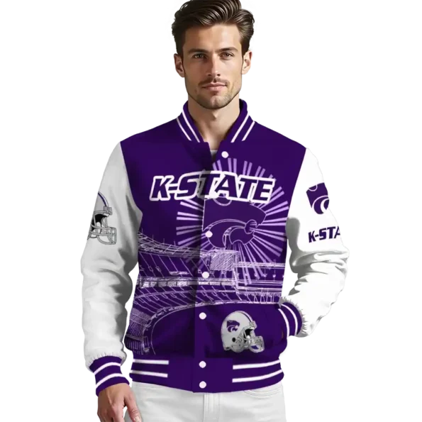 customized kansas state wildcats ferris arena purple white varsity jacket high quality.webp