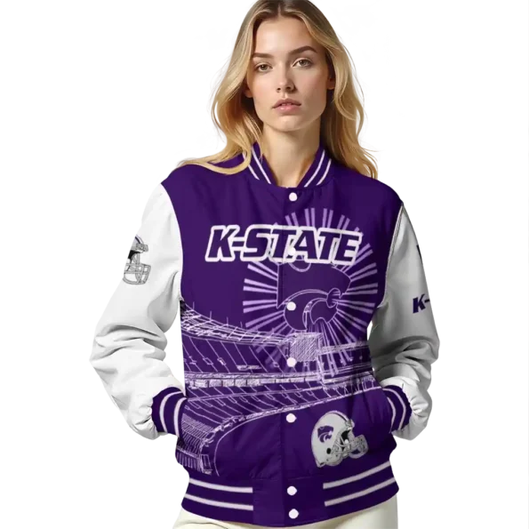customized kansas state wildcats ferris arena purple white varsity jacket latest model.webp