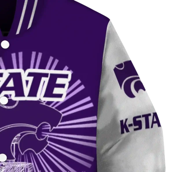 customized kansas state wildcats ferris arena purple white varsity jacket premium grade.webp