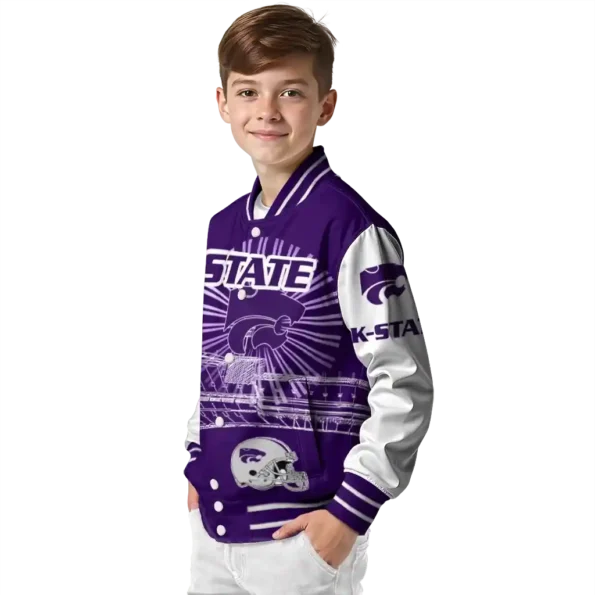 customized kansas state wildcats ferris arena purple white varsity jacket trendy.webp
