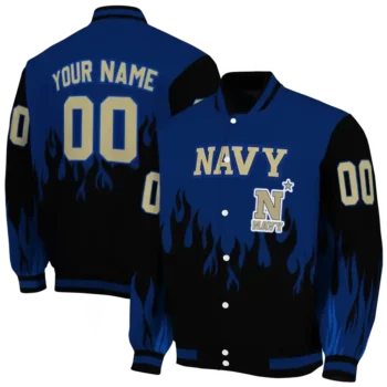 customized navy midshipmen flame border blue black varsity jacket fashion forward.webp