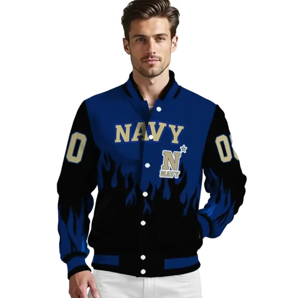 customized navy midshipmen flame border blue black varsity jacket high quality.webp