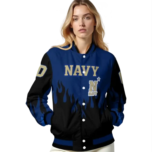 customized navy midshipmen flame border blue black varsity jacket latest model.webp