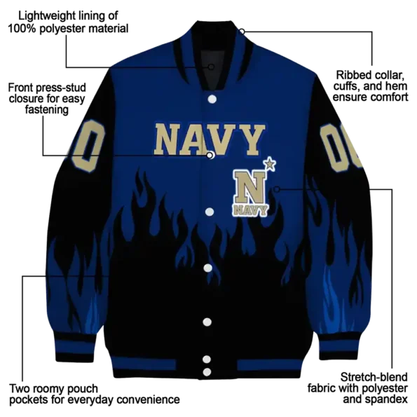 customized navy midshipmen flame border blue black varsity jacket new arrival.webp